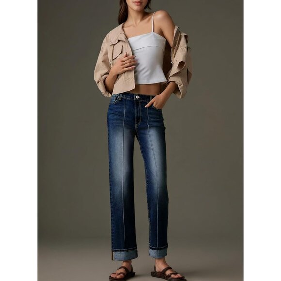 Women's Wide Leg Cuffed Jeans High Waisted Baggy Stretchy Denim Pants - Picture 2 of 6